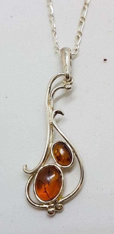 Sterling Silver Natural Amber Ornate Curved Pendant on Silver Chain