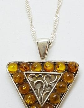 Sterling Silver Natural Amber Ornate Triangle Pendant on Silver Chain