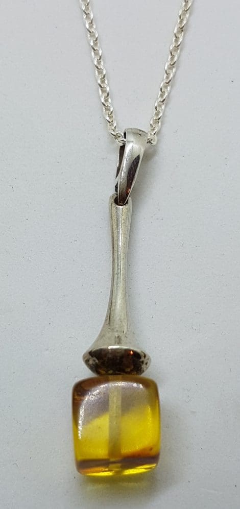 Sterling Silver Amber Long Drop Pendant on Silver Chain
