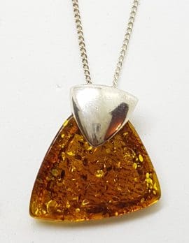 Sterling Silver Amber Flat Pendant on Silver Chain
