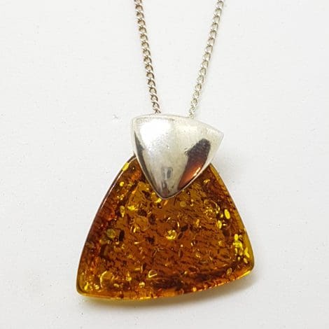 Sterling Silver Amber Flat Pendant on Silver Chain