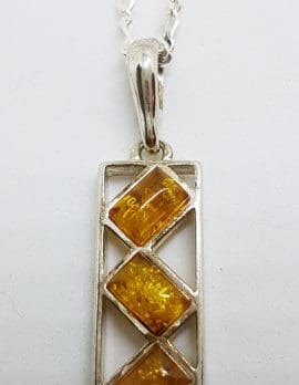 Sterling Silver Natural Amber Rectangular Pendant on Chain