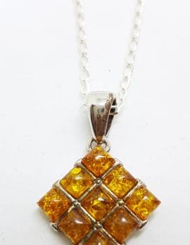 Sterling Silver Natural Amber Square Pendant on Chain