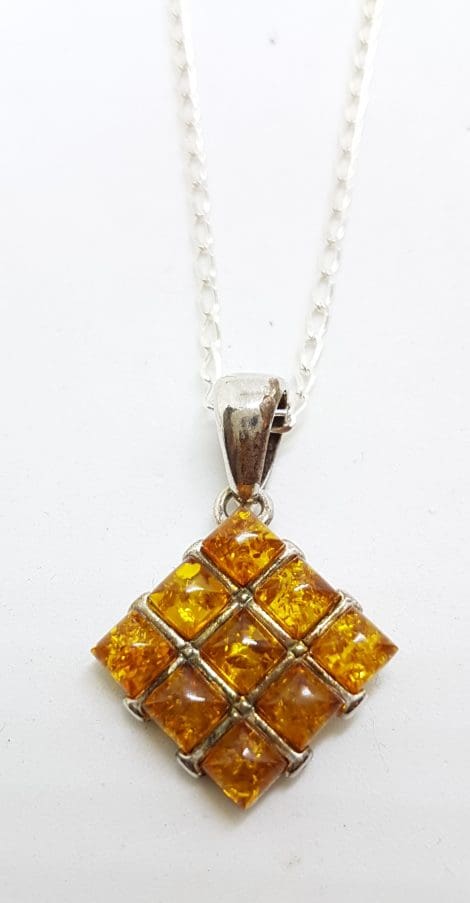 Sterling Silver Natural Amber Square Pendant on Chain