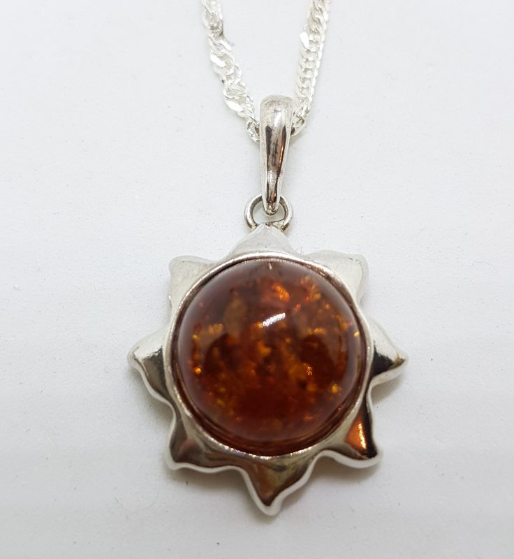 Sterling Silver Amber Sun Pendant on Silver Chain