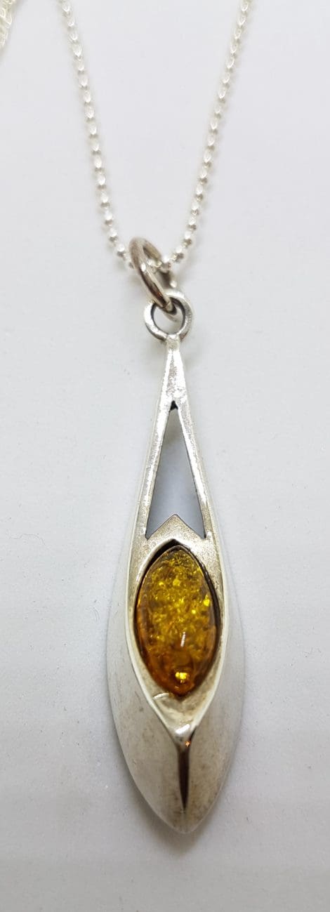 Sterling Silver Amber Long Pendant on Silver Chain