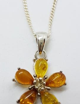 Sterling Silver Amber Flower Pendant on Silver Chain