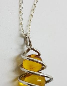 Sterling Silver Natural Amber Two Ball in Cage Pendant on Silver Chain