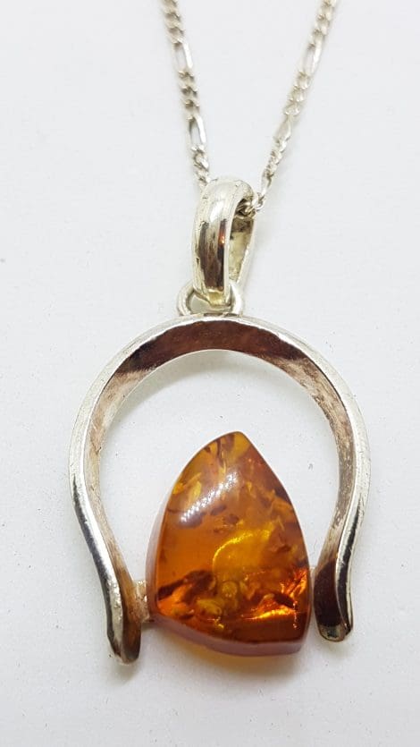 Sterling Silver Natural Amber Wishbone/Horseshoe Pendant on Silver Chain