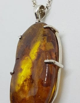 Sterling Silver Natural Amber Large Chunky Claw Set Pendant on Silver Chain