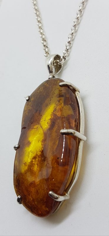 20200512_213140 Sterling Silver Natural Amber Large Chunky Claw Set Pendant on Silver Chain