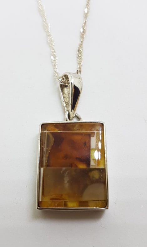 Sterling Silver Natural Amber Rectangular Mosaic Pendant on Chain