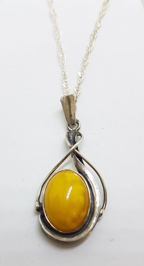 Sterling Silver Natural Butter Amber Ornate Pendant on Silver Chain