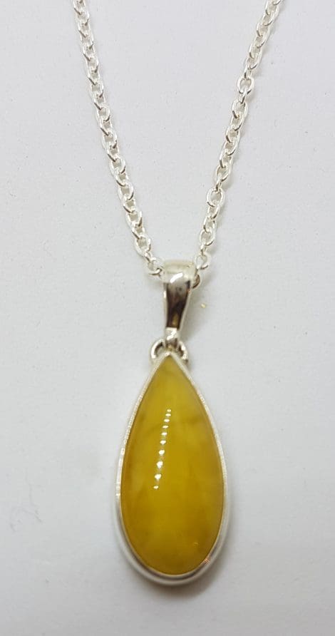 Sterling Silver Natural Butter Amber Teardrop Pendant on Silver Chain
