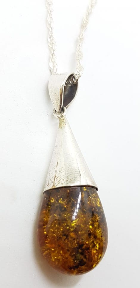 Sterling Silver Natural Amber Cone Drop Pendant on Silver Chain