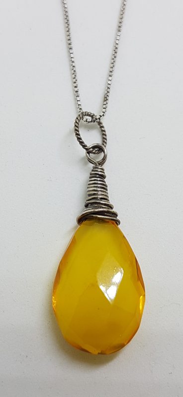 Sterling Silver Natural Butter Amber Faceted Twist Top Drop Pendant on Silver Chain