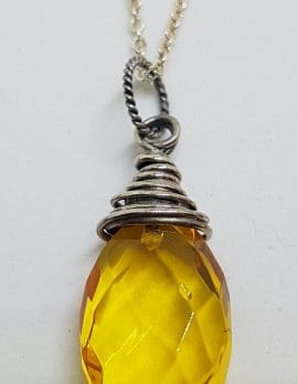 Sterling Silver Natural Amber Faceted Twist Top Drop Pendant on Silver Chain