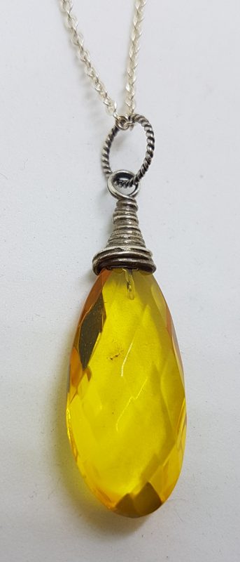 Sterling Silver Natural Amber Faceted Drop Pendant on Silver Chain