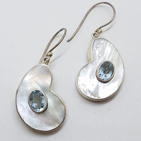 Sterling Silver Blue Topaz and Mother of Pearl Large Drop Earrings