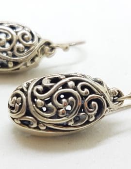 Sterling Silver Large Ornate Filigree Oval Drop Earrings