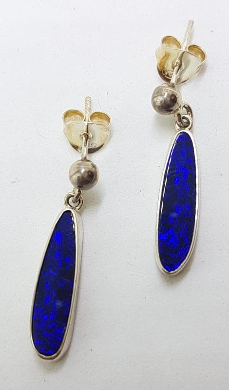 Sterling Silver Opal Blue Long Elongated Drop Earrings