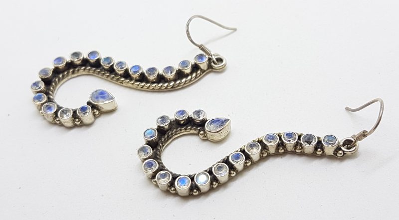 Sterling Silver Moonstone Very Long Curved Drop Earrings