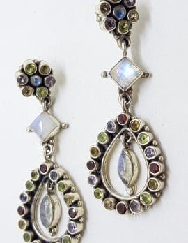 Sterling Silver Moonstone & Multi-Coloured Long Drop Earrings