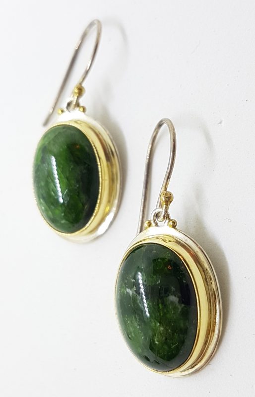 Sterling Silver & Gold Plated Dioptase Large Oval Drop Earrings
