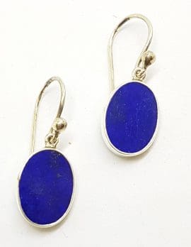 Sterling Silver Lapis Lazuli Flat Oval Drop Earrings