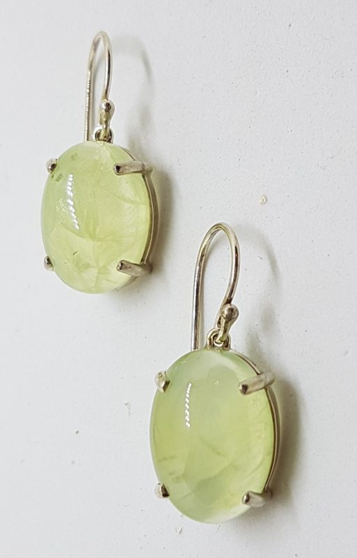 Sterling Silver Prehnite Large Oval Claw Set Drop Earrings