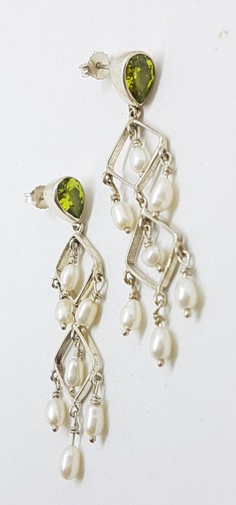 Sterling Silver Peridot and Pearl Long Drop Earrings