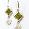 Sterling Silver Square Peridot and Pearl Long Drop Earrings