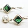 Sterling Silver Square Green Quartz and Pearl Long Drop Earrings
