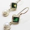 Sterling Silver Square Green Quartz and Pearl Long Drop Earrings