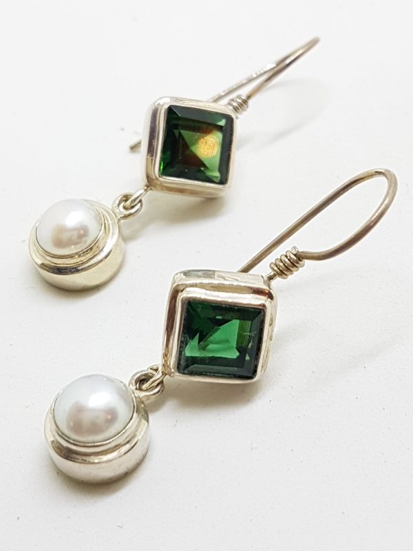 20200520_184504 Sterling Silver Square Green Quartz and Pearl Long Drop Earrings
