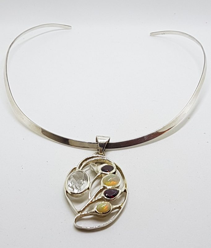 20200520_190254 Sterling Silver Large Ornate Opal, Garnet and Clear Crystal Quartz Pendant on Sterling Silver Choker