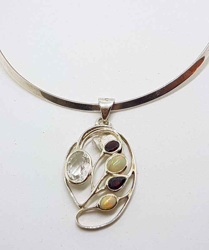 20200520_190306 Sterling Silver Large Ornate Opal, Garnet and Clear Crystal Quartz Pendant on Sterling Silver Choker