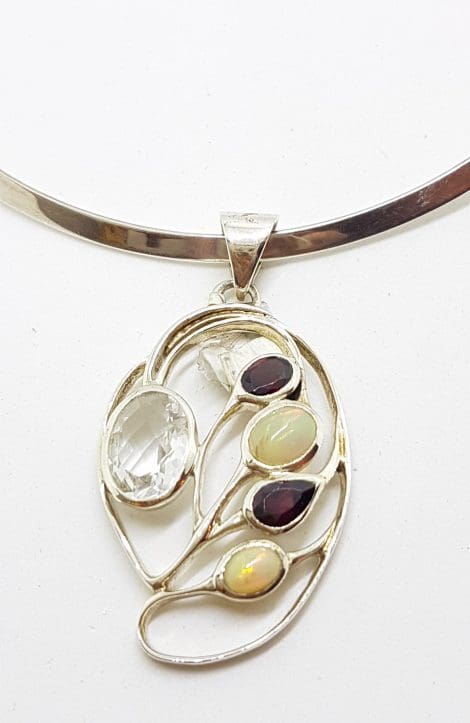 Sterling Silver Large Ornate Opal, Garnet and Clear Crystal Quartz Pendant on Sterling Silver Choker