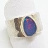 Sterling Silver Opal in Wide Beaten Design Band Ring