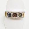 9ct Whit9ct White Gold Multi-Colour Diamond Ring - Yellow, Blue, Green, Chocolate - Wide Bande Gold Multi-Colour Diamond Ring