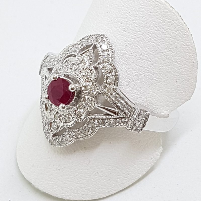 9ct White Gold Natural Ruby & Diamond Large Ornate Ring