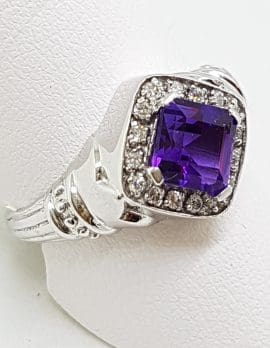 9ct White Gold Square Amethyst with Diamond Ring