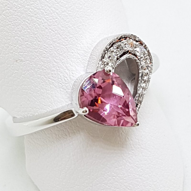 14ct White Gold Pink Tourmaline and Diamond Heart Ring