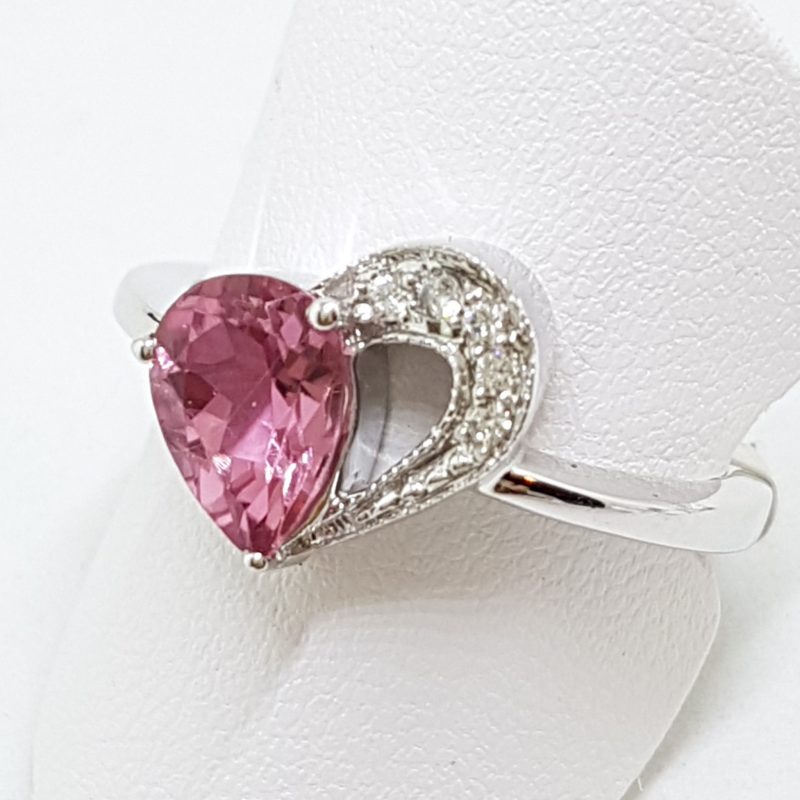 14ct White Gold Pink Tourmaline and Diamond Heart Ring