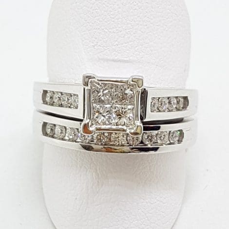 18ct White Gold Channel Set Diamond Square Engagement Ring with Matching Wedding Band Set