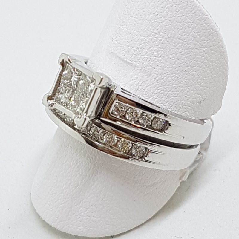 18ct White Gold Channel Set Diamond Square Engagement Ring with Matching Wedding Band Set