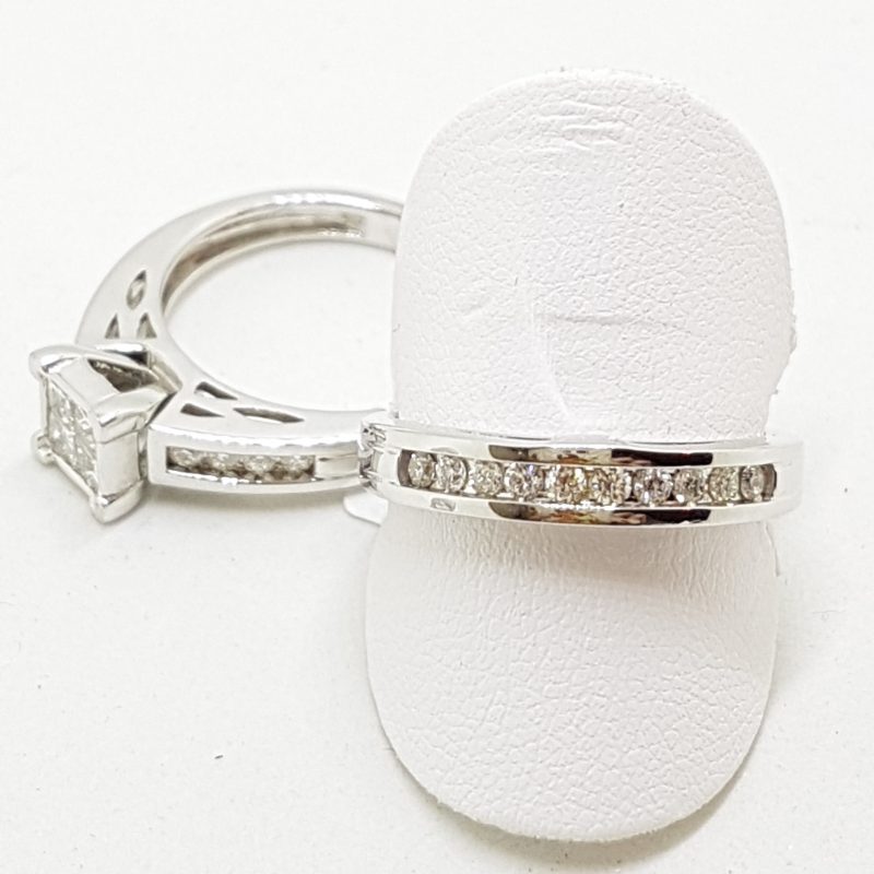 18ct White Gold Channel Set Diamond Square Engagement Ring with Matching Wedding Band Set