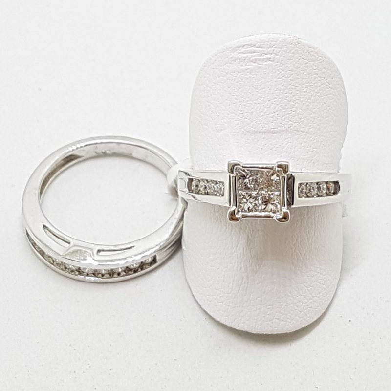 18ct White Gold Channel Set Diamond Square Engagement Ring with Matching Wedding Band Set