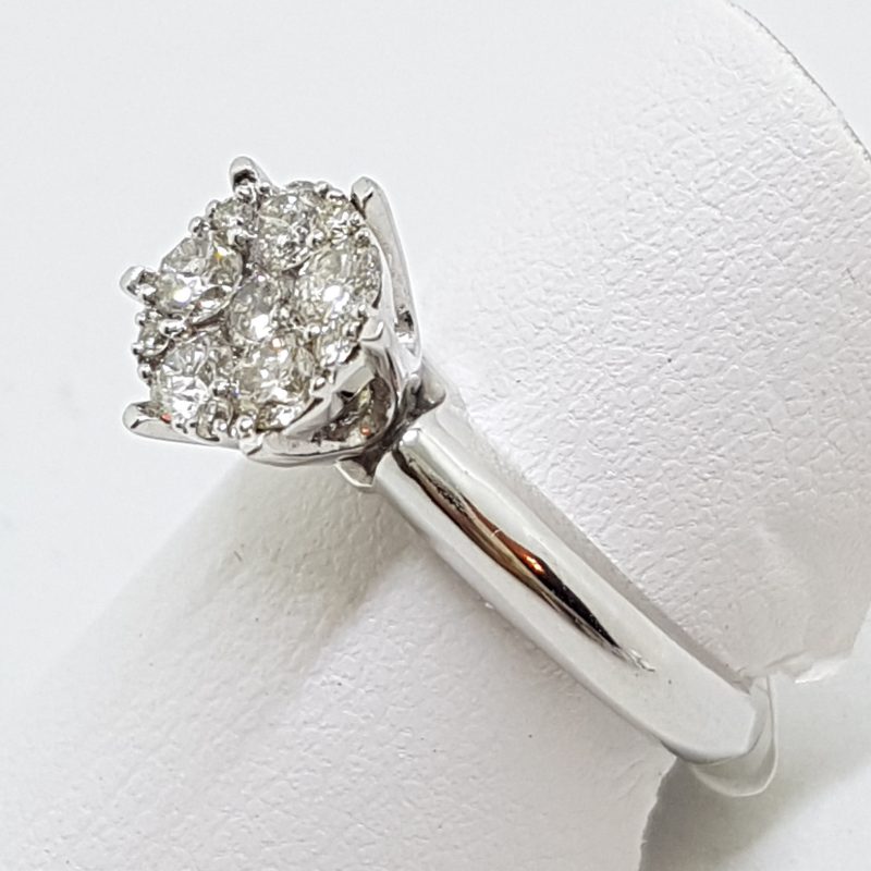18ct White Gold High Set Round Large Cluster Diamond Engagement Ring