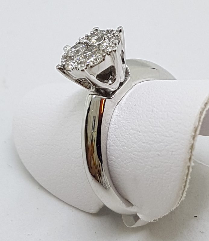 18ct White Gold High Set Round Large Cluster Diamond Engagement Ring